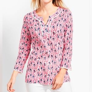 Talbots Monkey Print Tunic Top L Pink & Navy Pom Trim